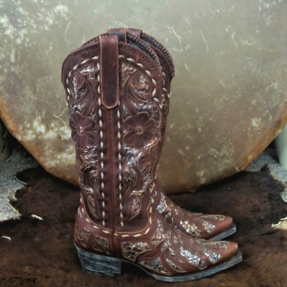 LANE "Poison" floral Chestnut brown & metallic snakeskin underlay cowgirl boots - Picture 6 of 16